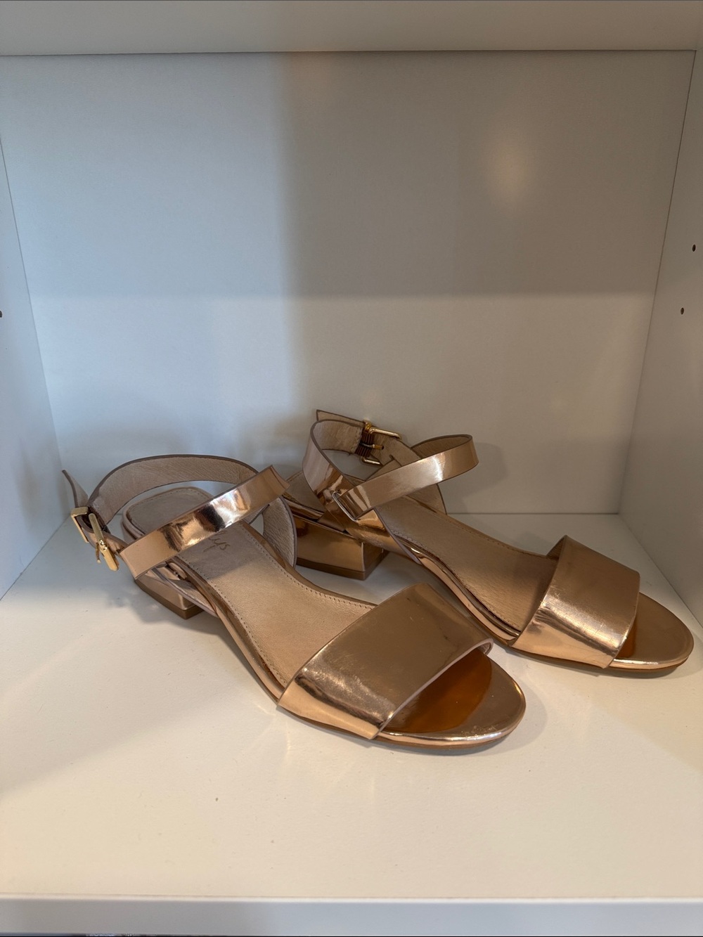 Shellys London Metallic Rose Gold Low Block Heel Sandals